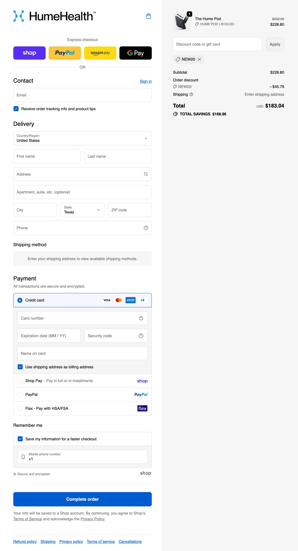 Hume Health Body Pod checkout page